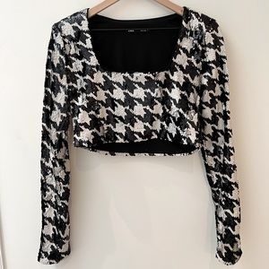ZARA HOUNDSTOOTH SEQUIN LONG SLEEVE TOP
